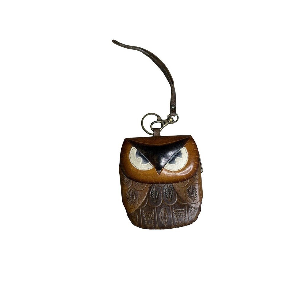 Wristlet Coin Change Purse Keychain Bag Charm Cowhide Leather Brown OWL
